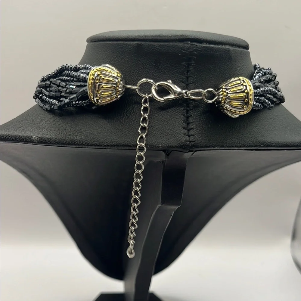 Elegant Black Beaded Necklace with Gold and Silver tone Pendant with Quartz